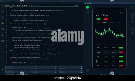 Dark Programming Interface for Mobile Applications UX, UI Development With Lines of Code. Coding Process Behind Investment Platform App Design. Template for Desktop Computer Displays, Laptops. Stock Photo