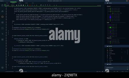 Developer Software Code Mock-up with Generic Programming Language. Dark Interface With Multiple Prompts On Monitor. Night Mode Template for Desktop Computer Displays and Laptop Screens. Stock Photo