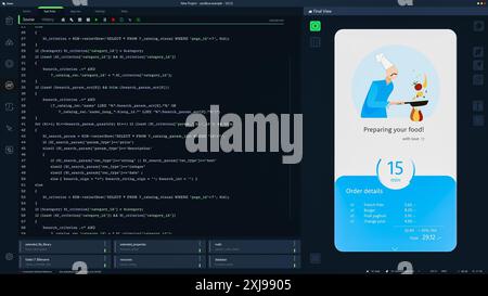 Dark Programming Interface for Mobile Applications UX, UI Development With Lines of Code. Coding Process Behind Food Delivery App Design. Template for Desktop Computer Displays, Laptops. Stock Photo