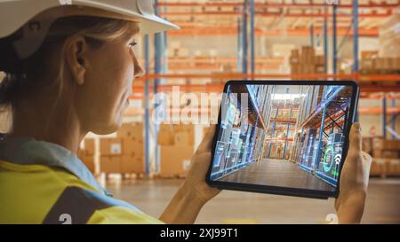 Futuristic Technology Warehouse: Female Worker Doing Inventory, Using Augmented Reality Application On Tablet. Digitalization Process Analyzes Products Delivery Infographics in Distribution Center Stock Photo