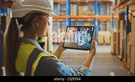 Futuristic Technology Warehouse Concept: Female Worker Doing Inventory, Using Augmented Reality Application On Tablet. Woman Analyzes Digitalized Products Delivery Infographics in Distribution Center. Stock Photo
