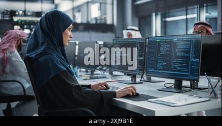 Middle Eastern Female Working in a Company of Arab Men in a Professional Technology Enterprise. Young Middle Eastern Specialist in a Hijab Writing Advanced Software Code on a Desktop Computer Stock Photo