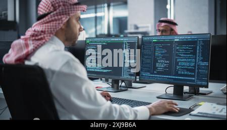 Arab Telecommunications Manager Working in a Research and Development Facility on a Desktop Computer. Focused Middle Eastern Software Engineer Updating Server System Database Stock Photo