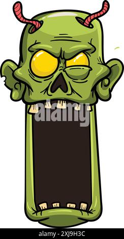 Cartoon green zombie skull reaper design with scary face expression. Halloween vector isolated Stock Vector