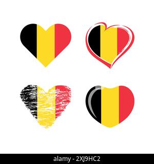 Set of isolated hearts with Belgian flags. Shapes with clipping mask and flag background. Logo template. Love Belgium creative symbol. Collection Stock Vector