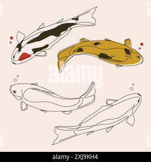 Colorful koi fish swimming gracefully in a serene pond. Vibrant aquatic life illustration. Stock Vector
