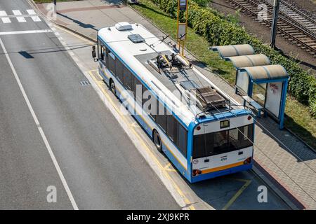 OSTRAVA, CZECH REPUBLIC - SEPTEMBER 13, 2023: Top roof view at Solaris Trollino 12 AC trolley bus with its equipment at Nova Karolina, Ostrava Stock Photo