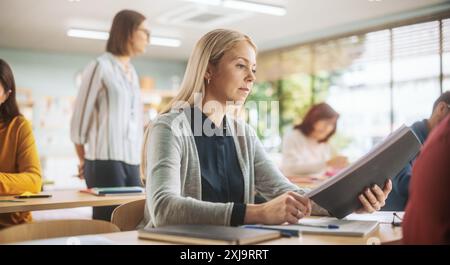 Diverse Group of Multiethnic Young and Senior Adults Sitting in an Auditorium, Attending an Educational Lecture for Improving Professional Work Skills. Middle Aged Female Preparing for Exams Stock Photo