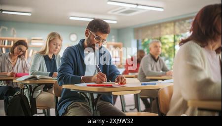 Attentive Indian Student Listening to Tutor and Writing Down Lecture In Notebook in Class. Grown Up Men and Women Getting Specialty Knowledge on a Part-Time Course in Modern College. Stock Photo
