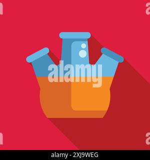 Three necked round bottom flask containing an orange liquid is shown, representing a chemistry experiment Stock Vector