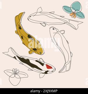 Graceful koi fish swimming among delicate lotus flowers. Elegant line art illustration. Stock Vector