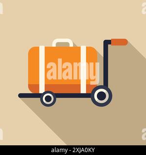 Illustration of an orange suitcase standing on a baggage trolley, in flat design with long shadow Stock Vector