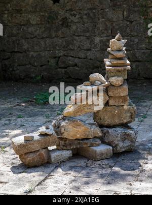 Europe, Luxembourg, near Differdange, Minett Park Industry and Railway Park, Sculpture made from Balanced Stones Stock Photo