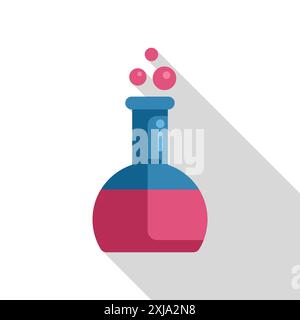 Round bottom flask bubbling with pink liquid icon in flat style with long shadow Stock Vector