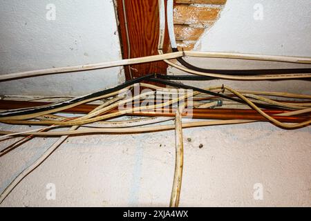 Exposed home electrical wires in basement. Stock Photo