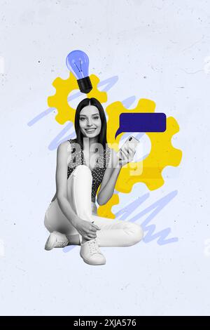 Collage artwork sketch of smilng happy woman sitting chatting isolated on drawing creative background Stock Photo