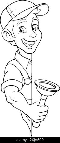 Plumber Plunger Tool Cartoon Plumbing Man Handyman Stock Vector