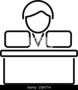 Line art icon of a politician speaking to a crowd from a tribune, wearing headphones for simultaneous translation Stock Vector