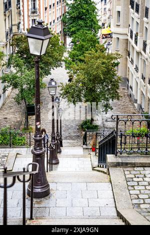 Typical staircases of Rue Chappe, a street in the Butte of Montmartre, Paris, France. Stock Photo