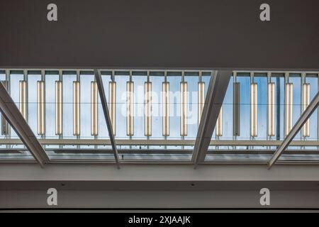 A close-up view of a modern ceiling featuring a row of fluorescent light fixtures. Stock Photo