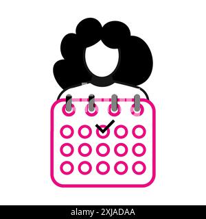 Girl with calendar vector line icon with red colour. Stock Vector