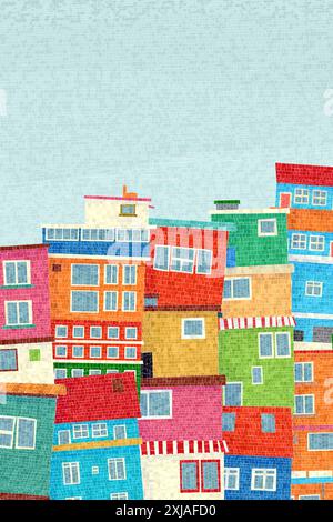 Colored houses of a favela. Graphic art vector mosaic Stock Vector