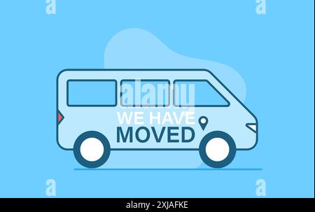 A blue van with white lettering reading 'We Have Moved' and a blue pin is shown on a light blue background. The van is in a simple outline style with Stock Vector