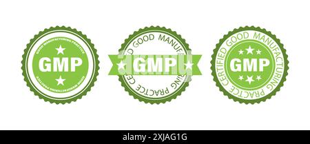 Three green seals with white text and stars, each displaying the abbreviation GMP for Good Manufacturing Practice. The center seal is accompanied by a Stock Vector