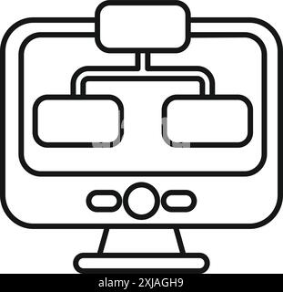 Simple, clear line icon of a computer monitor displaying a flowchart, representing data analysis Stock Vector
