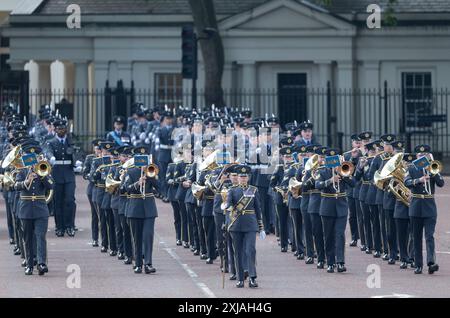 Westminster, London, UK. 17th July, 2024. King Charles III attends the State Opening of Parliament and presents The King’s Speech, formally marking the new session of Parliament. The ceremony is surrounded by pomp, tradition and colour. Band of the RAF leave Wellington Barracks for the ceremony. Credit: Malcolm Park/Alamy Live News Stock Photo