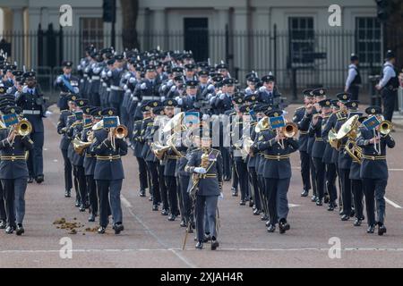 Westminster, London, UK. 17th July, 2024. King Charles III attends the State Opening of Parliament and presents The King’s Speech, formally marking the new session of Parliament. The ceremony is surrounded by pomp, tradition and colour. Band of the RAF leave Wellington Barracks for the ceremony. Credit: Malcolm Park/Alamy Live News Stock Photo