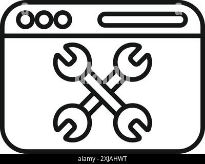 Simple line icon of a website with crossed wrenches, representing website maintenance or technical difficulties Stock Vector