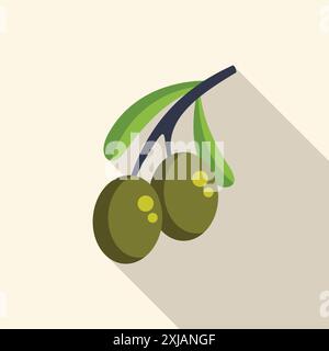 Two olives hanging from an olive branch with green leaves Stock Vector