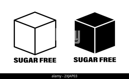 A graphic design element featuring two versions of a sugar cube icon, both labeled Sugar Free. The first icon is a simple outline of a sugar cube, whi Stock Vector
