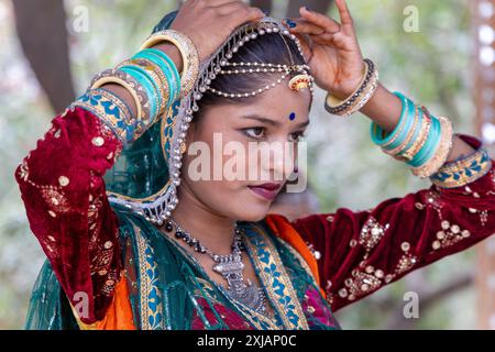 young indian girl in traditional rajasthani attire close up shots from different angle Stock Photo