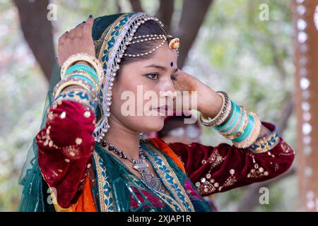 young indian girl in traditional rajasthani attire close up shots from different angle Stock Photo