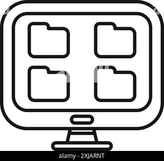 Simple outline of a computer monitor displaying four folders, representing digital data storage Stock Vector