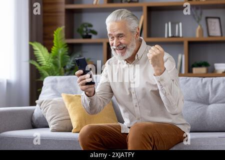 Happy senior man enjoying success showing victory gesture with hand, sitting on sofa at home and using mobile phone. Stock Photo