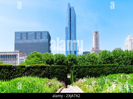 View of Chicago skyline from Lurie Garden in Millennium Park Stock Photo