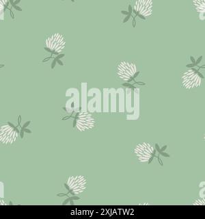Clover seamless pattern. Minimalist floral repetitive motif. Single green colour palette. Stock Vector
