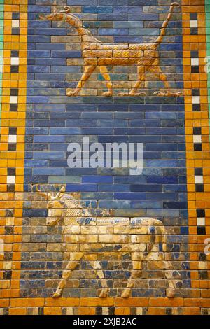 Details from Ishtar Gate of Babylon depicting auroch bull and mušḫuššu .mythical creature. Pergamon Museum, Berlin. Germany. Stock Photo