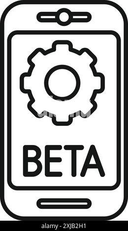 Smartphone is showing a beta version of an app with a gear icon, representing app development Stock Vector