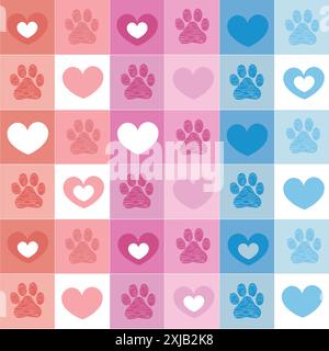 Plaid hearts and paws pattern with blue orange and pink colored Stock Vector