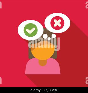 Conceptual illustration of a young woman making a decision with a checkmark and a cross symbol above her head Stock Vector