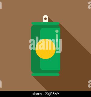 Green aluminum can with yellow label casting long shadow on brown background Stock Vector