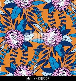Seamless pattern with line art protea flowers on orange background Stock Vector