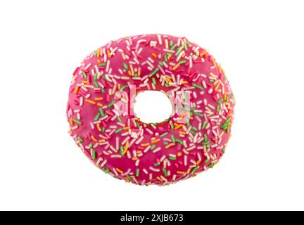 Pink donut with colorful sprinkles isolated on white background with clipping path Stock Photo