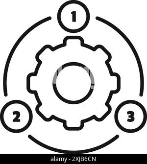 Gear is surrounded by three numbered circles representing a three step process or workflow Stock Vector