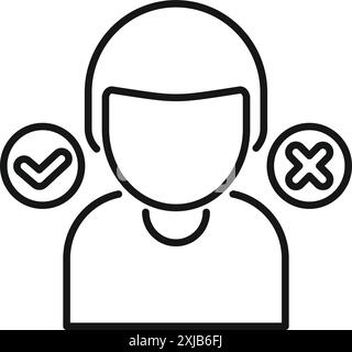 Line icon of a person deciding between a check mark and a cross mark, symbolizing a difficult choice Stock Vector