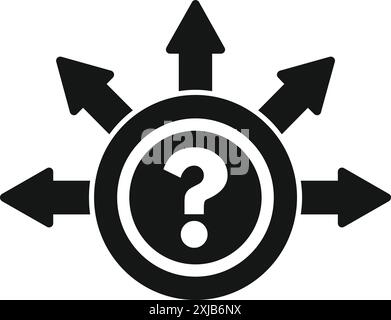 Black and white icon of a question mark at the center of many arrows pointing in different directions Stock Vector